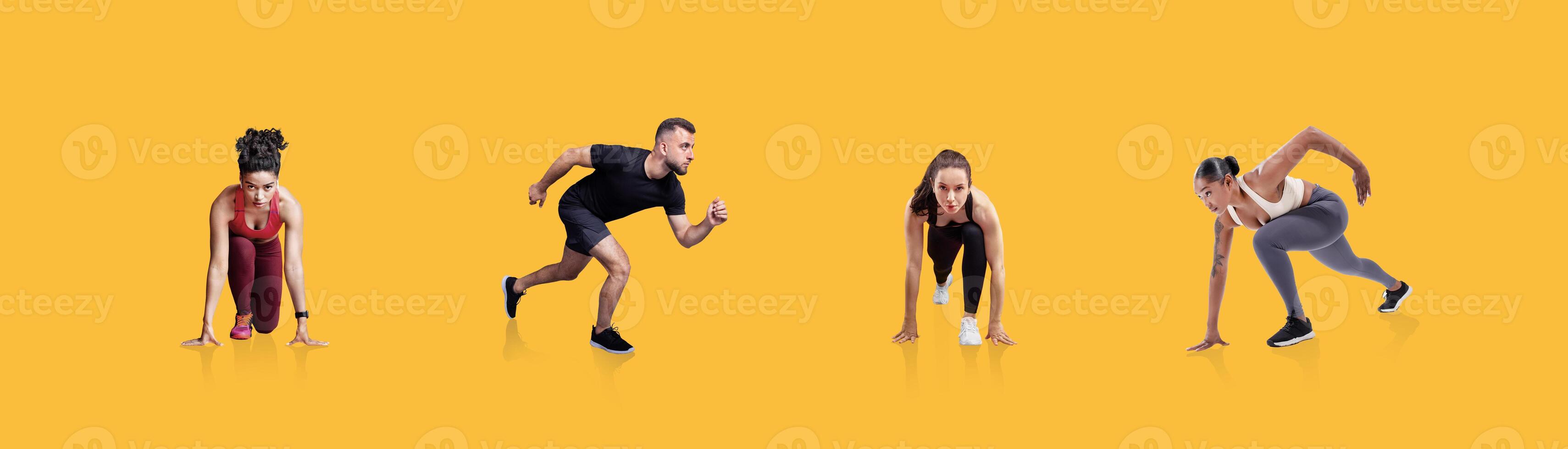 Four athletes are positioned in dynamic running stances, showcasing different phases of a sprint. Their energetic poses highlight determination and readiness against a bright yellow backdrop. photo