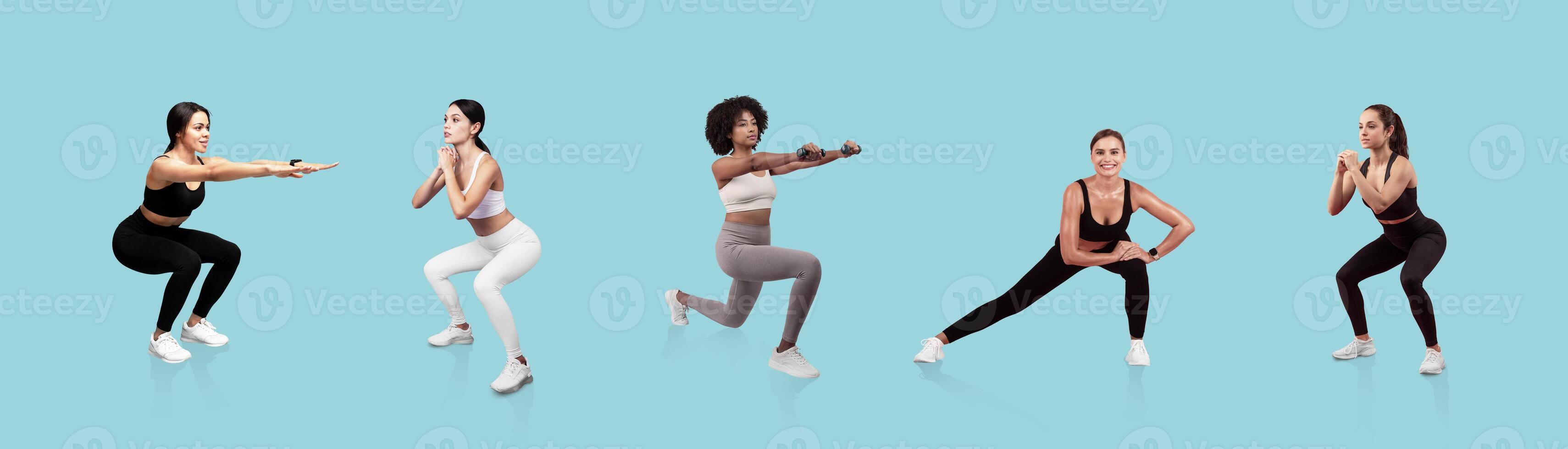 Five women are engaging in different fitness exercises, showcasing squats, lunges, and lateral movements. Each displays unique athletic wear and proper form. The background is a calming light blue. photo