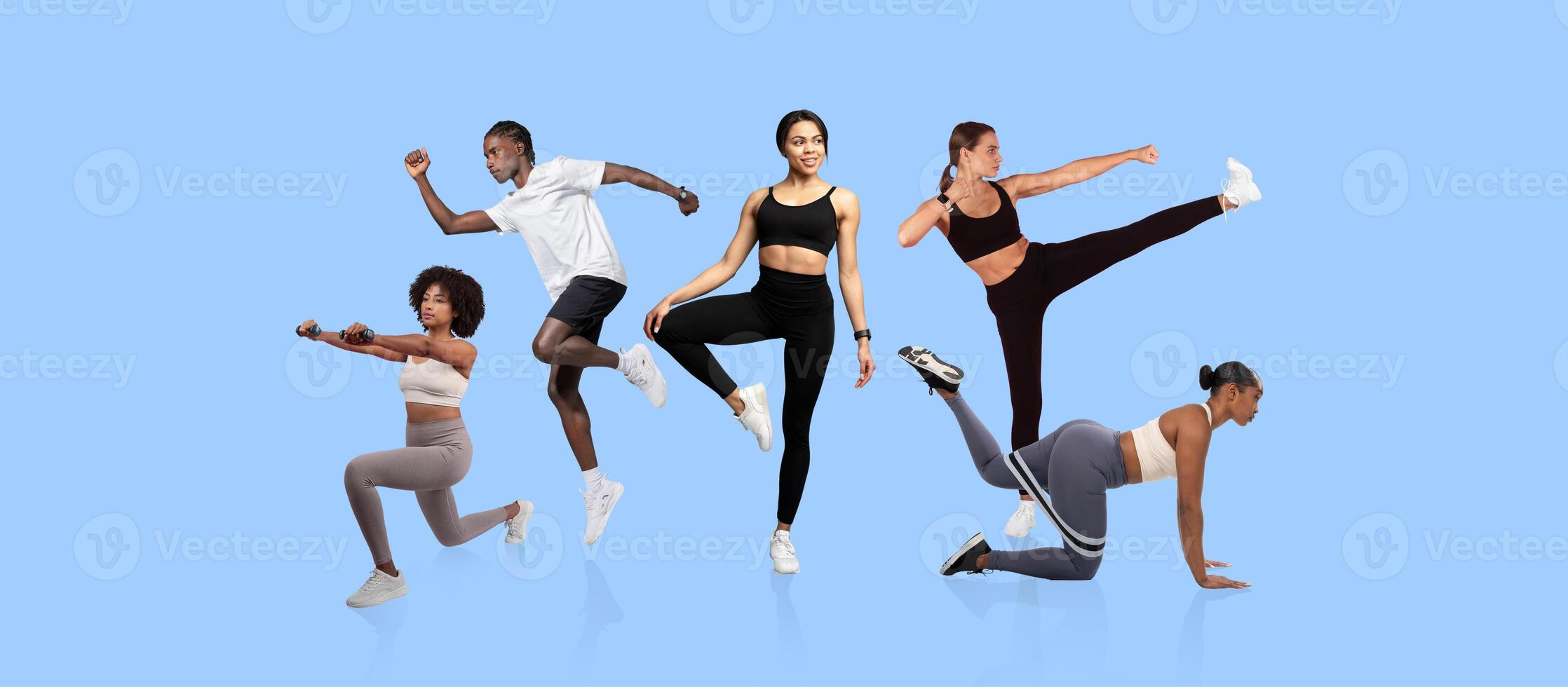 Five individuals of different backgrounds demonstrate a range of exercises in an indoor studio. Their dynamic poses reflect strength and fitness motivation, against a solid blue background. photo