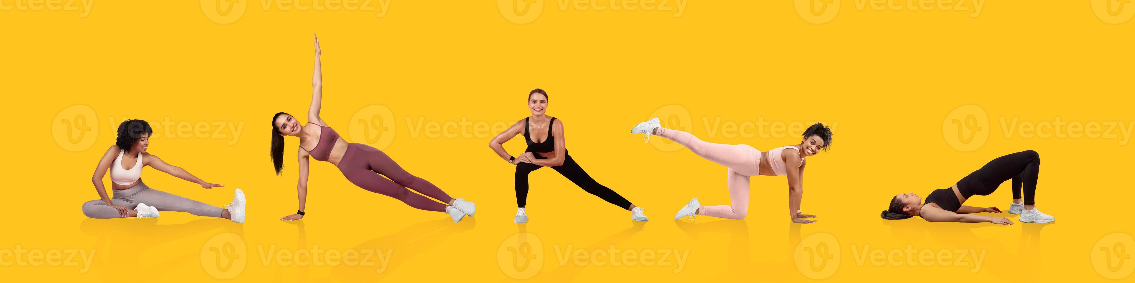 A group of women demonstrates different fitness exercises including stretches and strength training. The vibrant yellow background adds energy to their workout session. photo