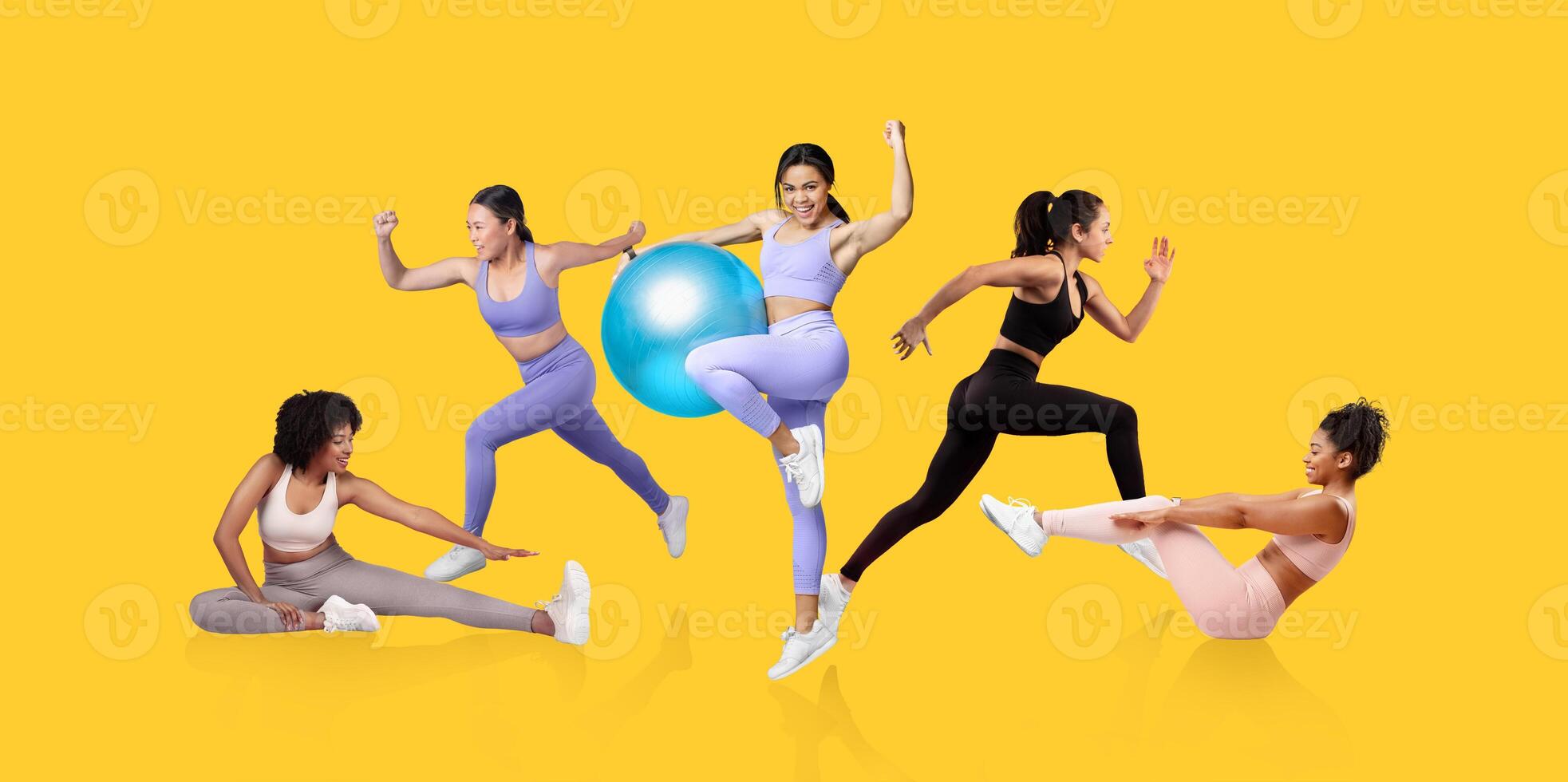 A diverse group of women showcases various athletic exercises, including stretching, jumping, and using a fitness ball. They exude energy and motivation in a vibrant yellow setting. photo