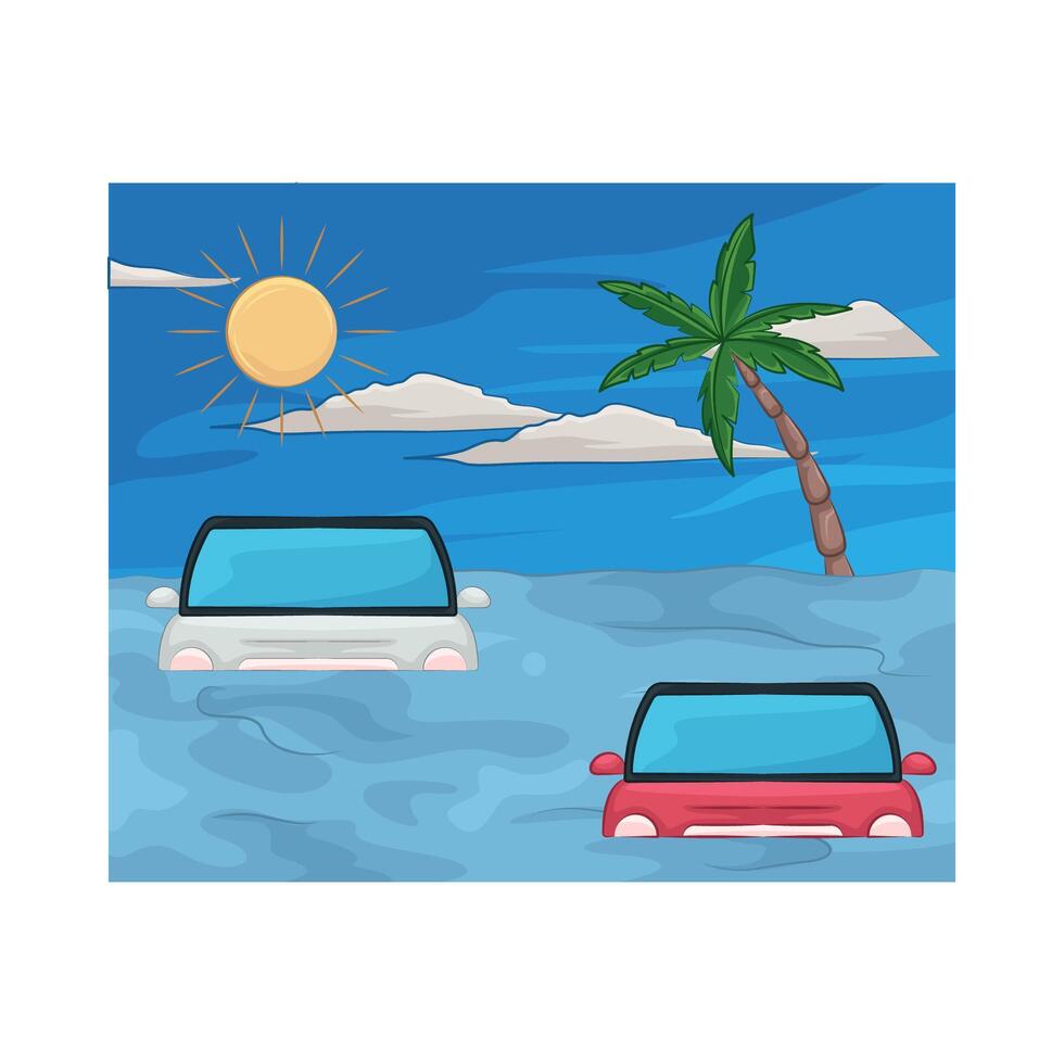 the car was submerged in a big flood illustration vector