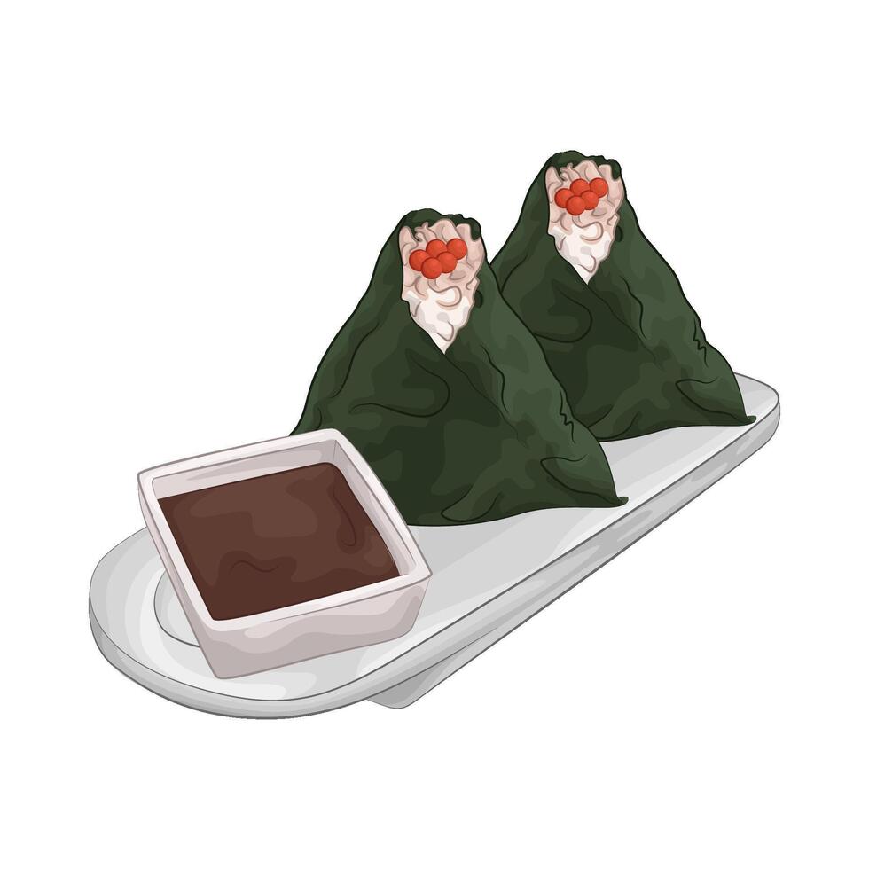 salmon roe onigiri with soy sauce illustration vector