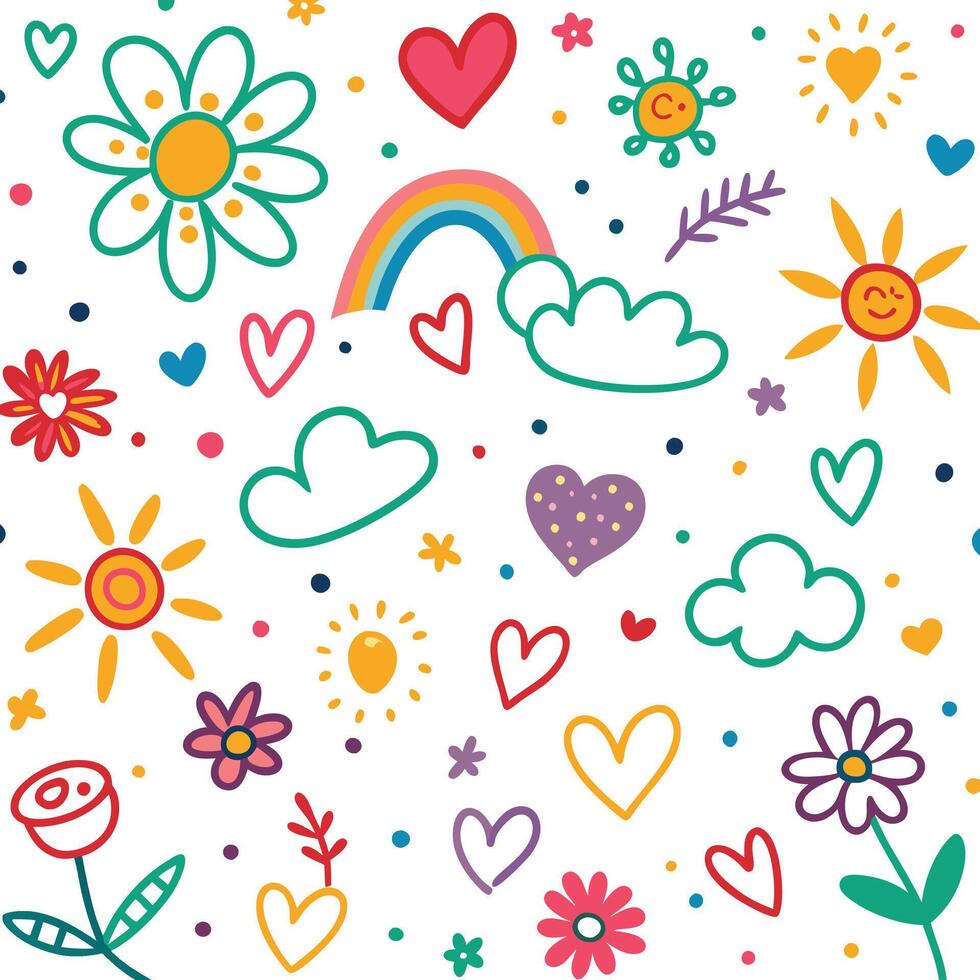 a colorful pattern with hearts, flowers and clouds vector