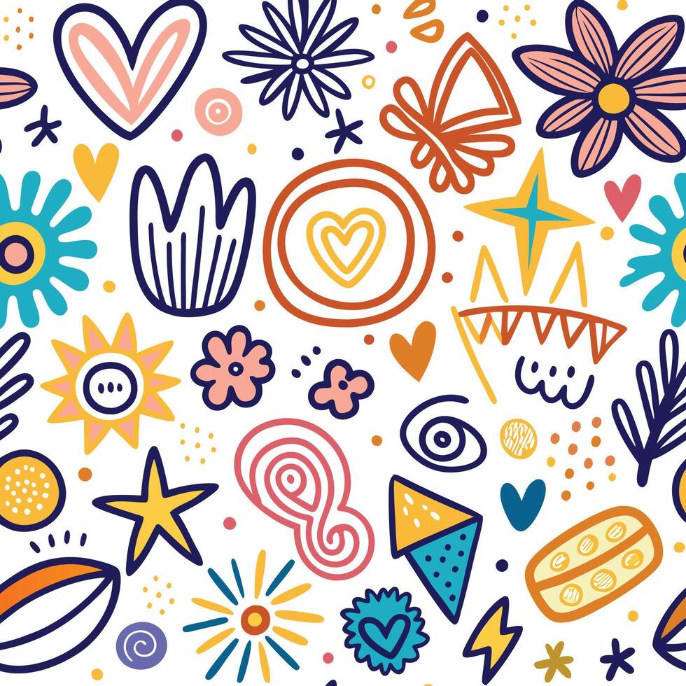 seamless pattern with colorful doodles and flowers vector