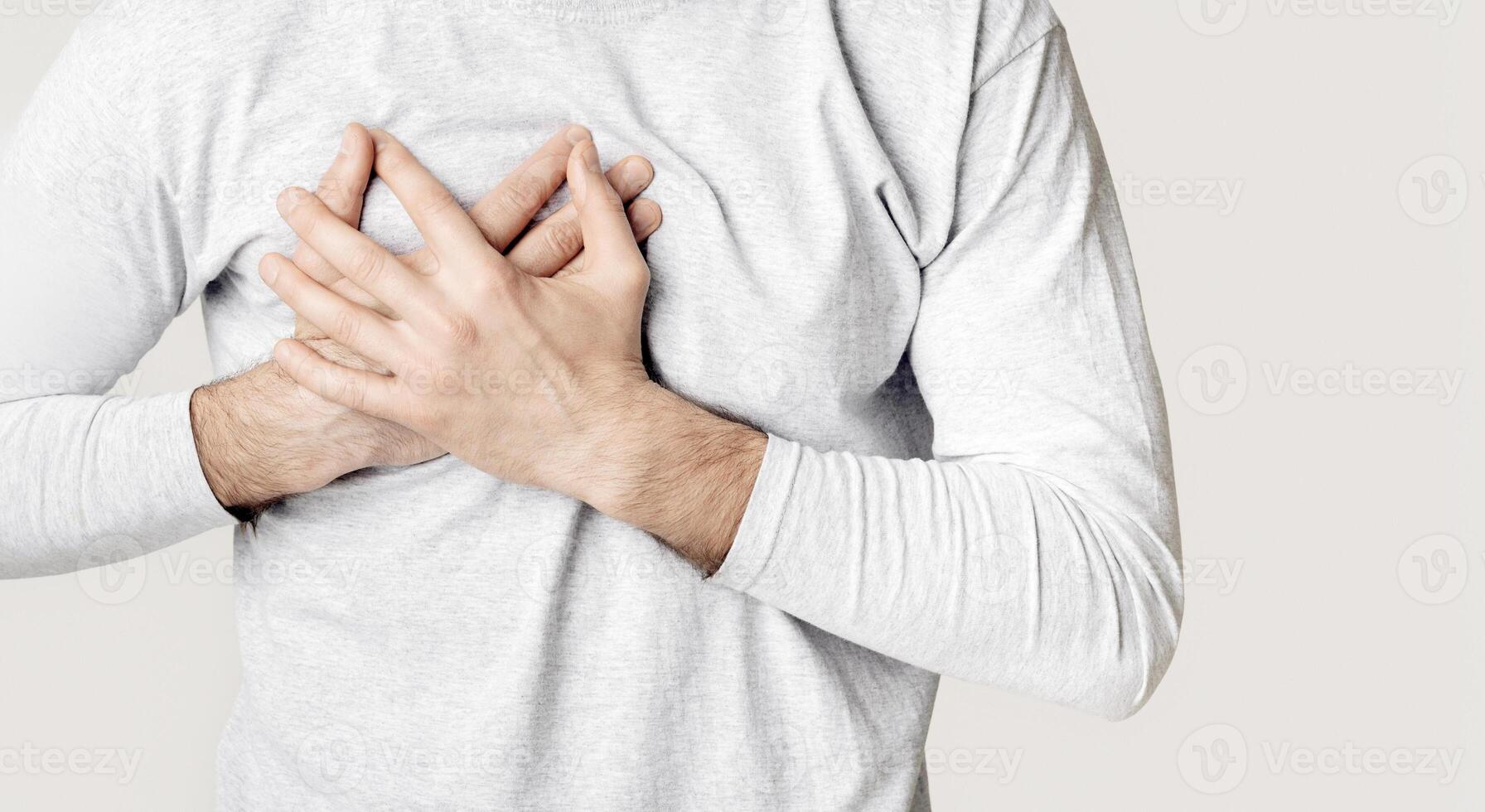 Severe heartache. Man having heart attack, cropped, panorama photo