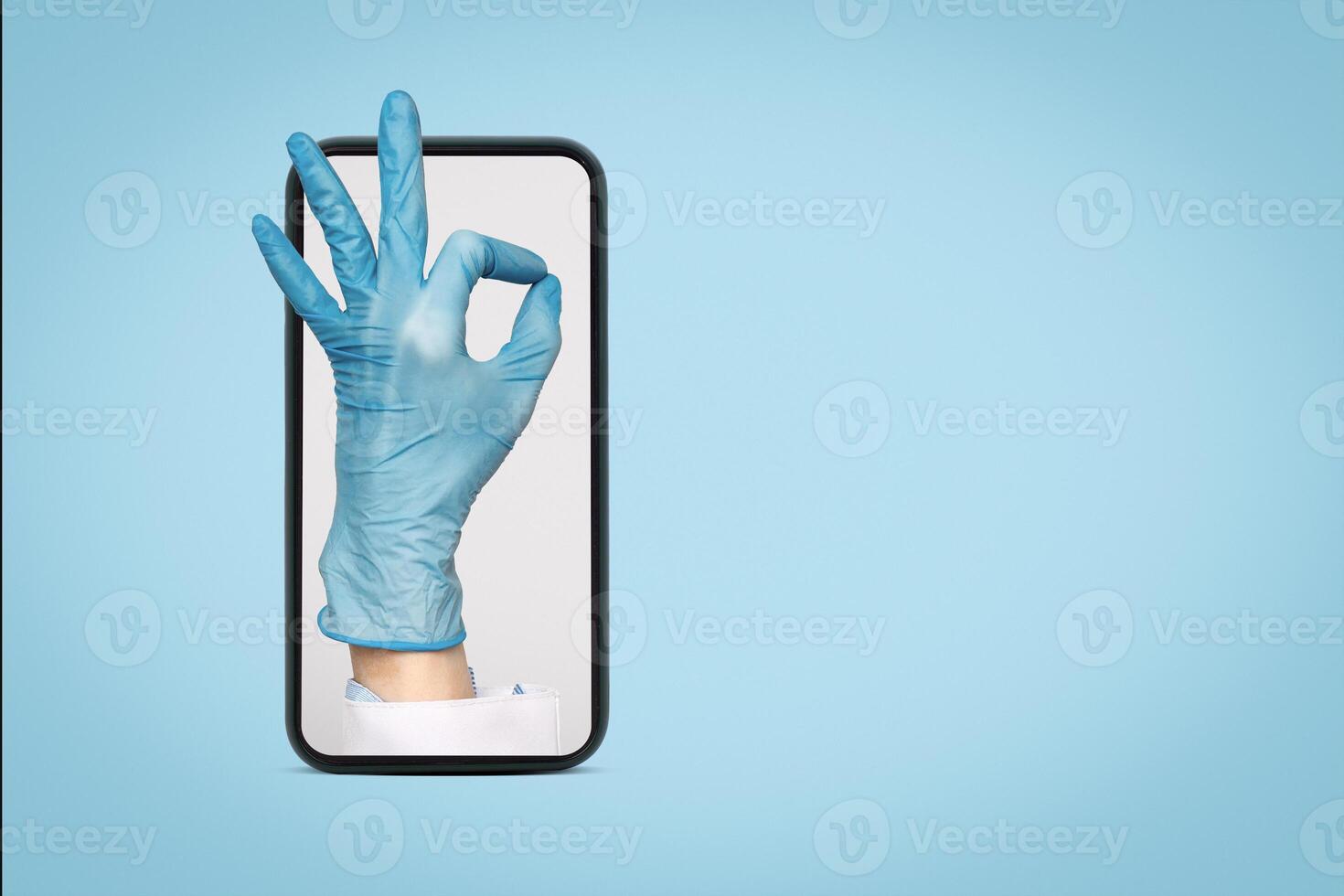 Female hand in rubber glove shows ok sign, panorama photo