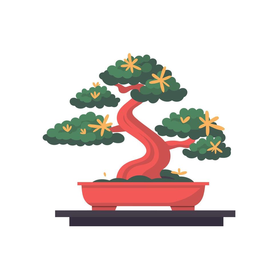 Bonsai tree with bright yellow flowers on display in a pot vector