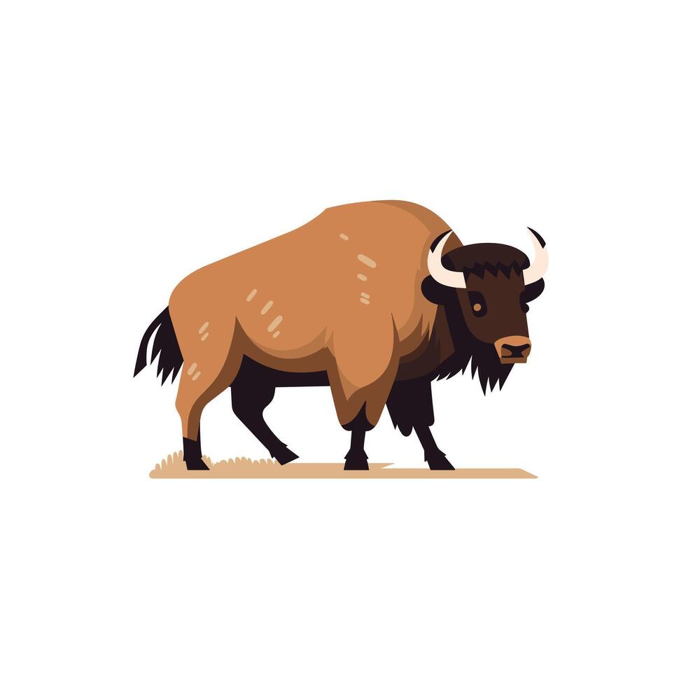Bison walking across a grassy landscape in a cartoon style vector