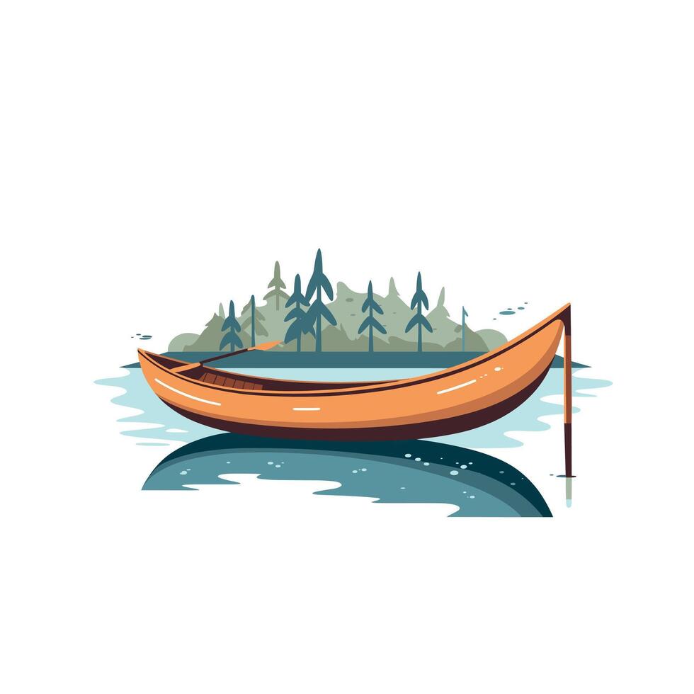 Canoe floating peacefully on calm lake surrounded by trees vector