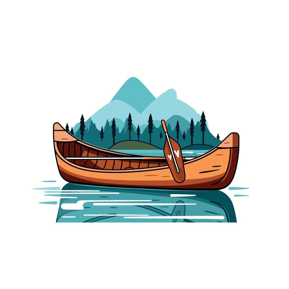 Scenic illustration of a canoe on a tranquil lake vector