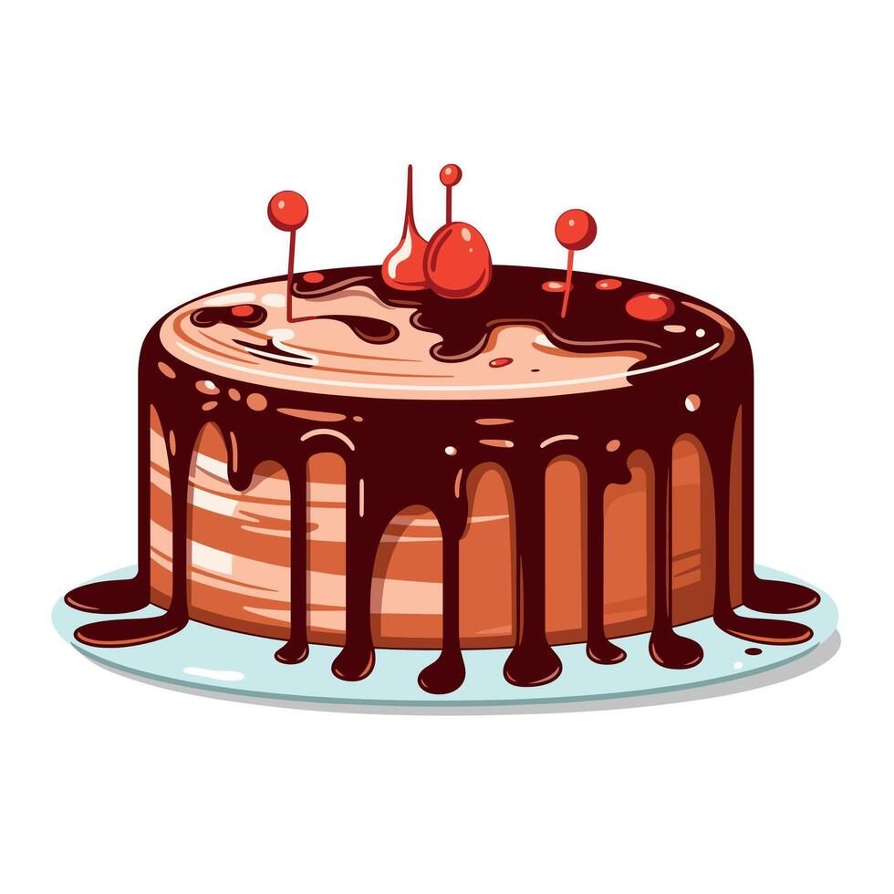 Delicious chocolate cake with cherries and glossy frosting vector