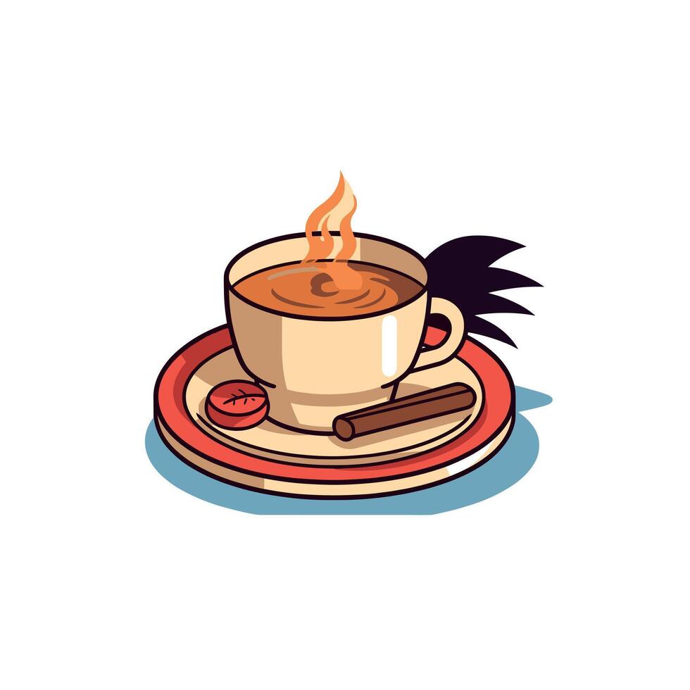 Warm cup of coffee with cinnamon and leaves on a plate vector