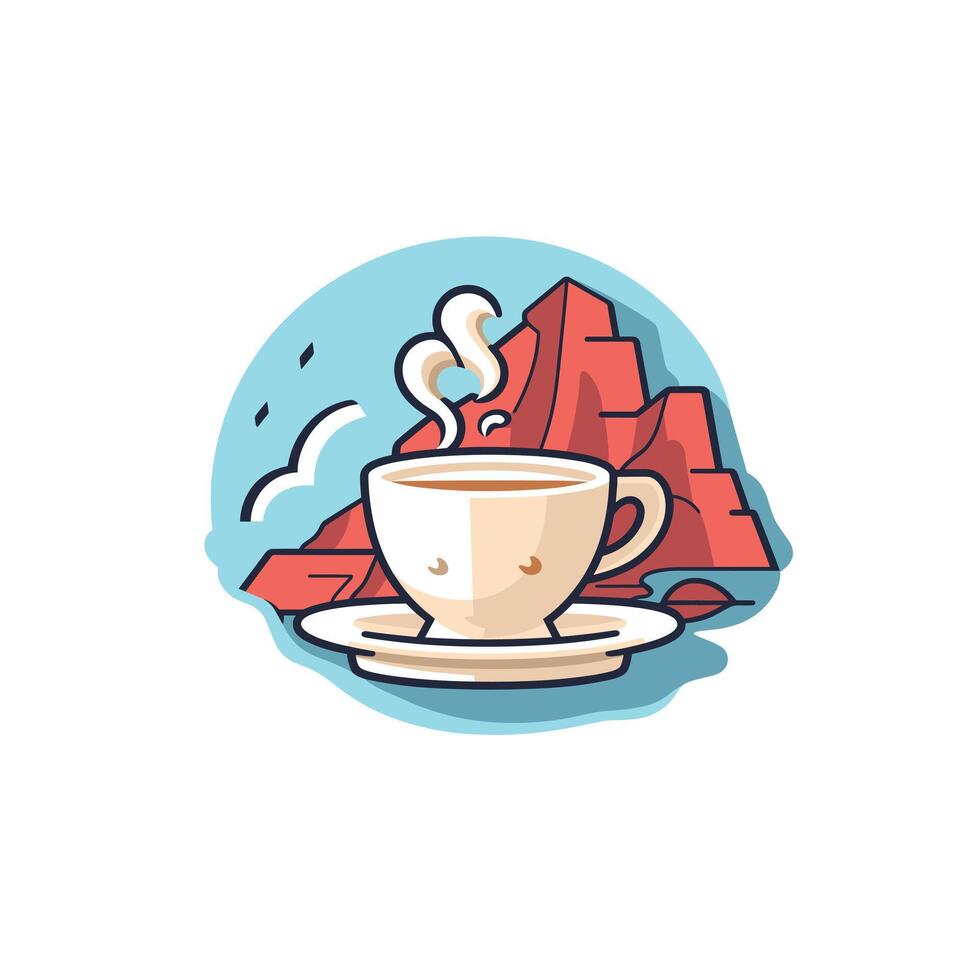 Coffee cup with steaming drink near red mountains in style vector