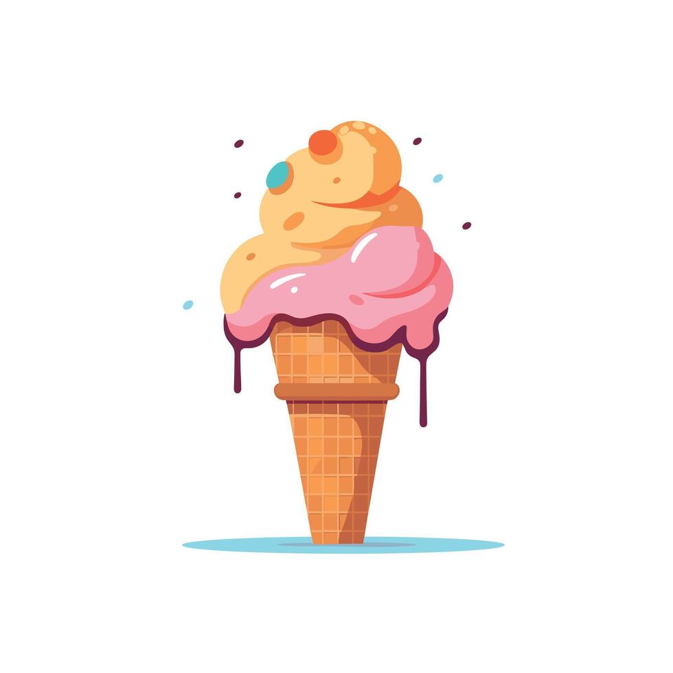 Colorful ice cream cone with dripping scoops on a sunny day vector