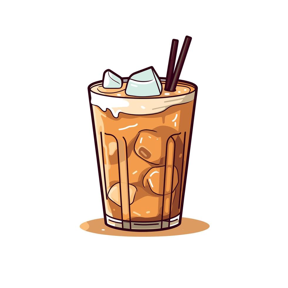 Delicious iced beverage with ice cubes and straws in a glass vector