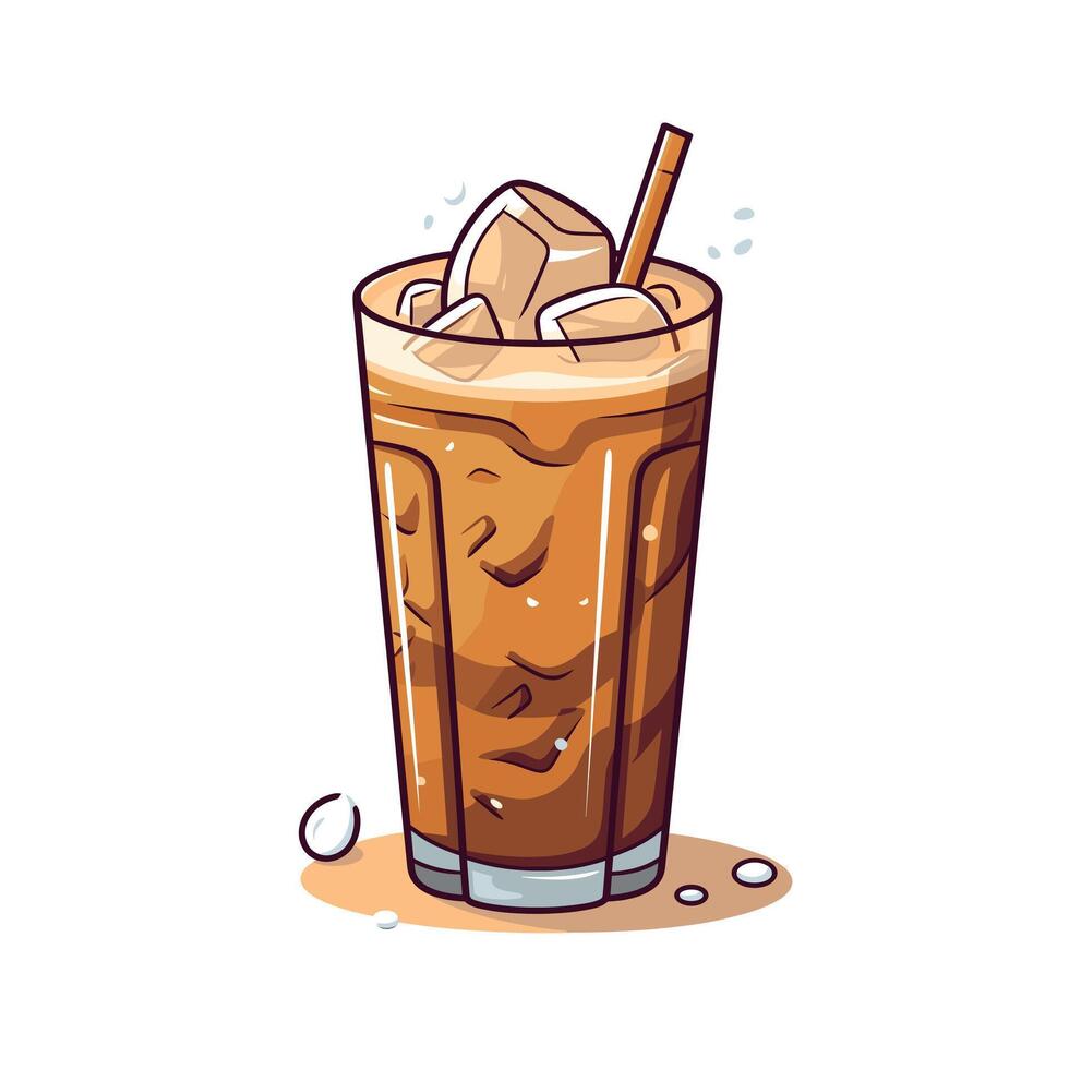 Refreshing iced coffee drink with ice cubes and straw vector