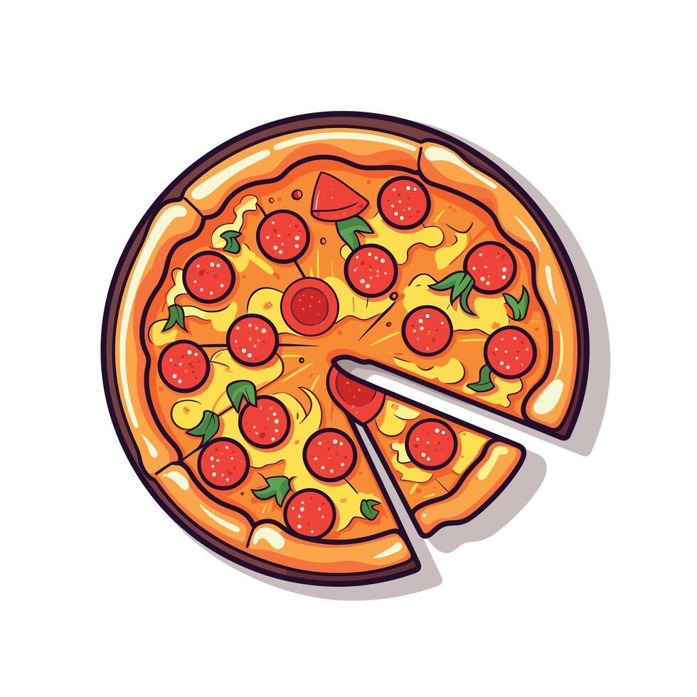 Delicious pepperoni pizza with fresh toppings and a slice removed vector