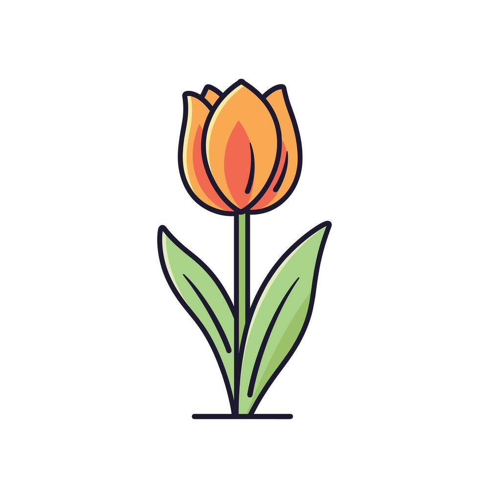 Bright orange tulip blooming in a minimalist style with green leaves vector