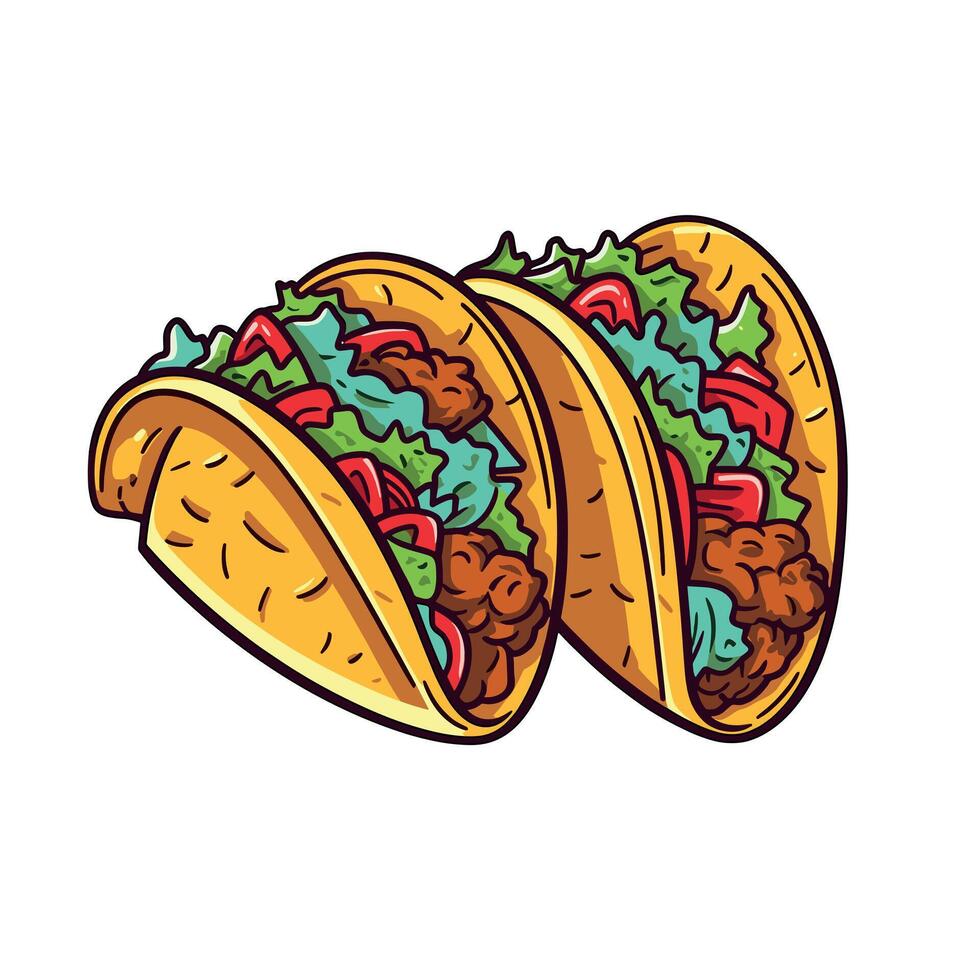 Delicious tacos filled with fresh ingredients served on a wooden table vector