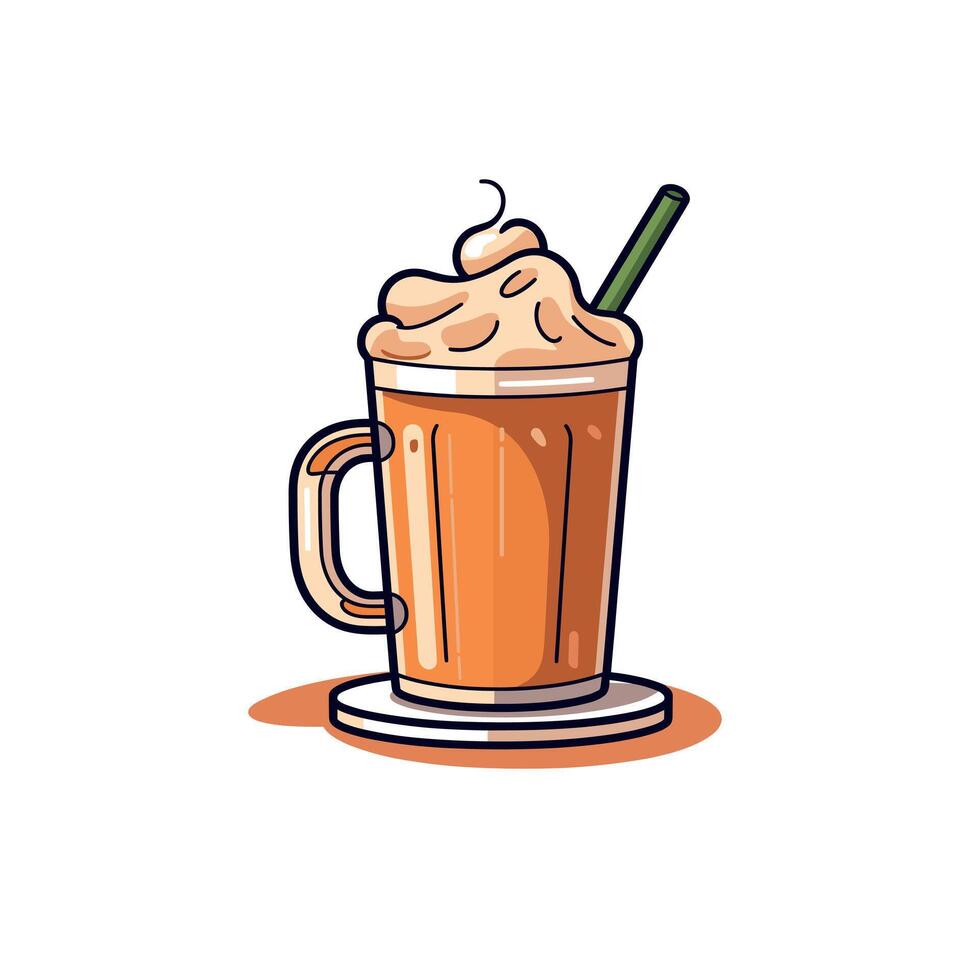 Creamy beverage served in a glass mug with a straw and whipped topping vector