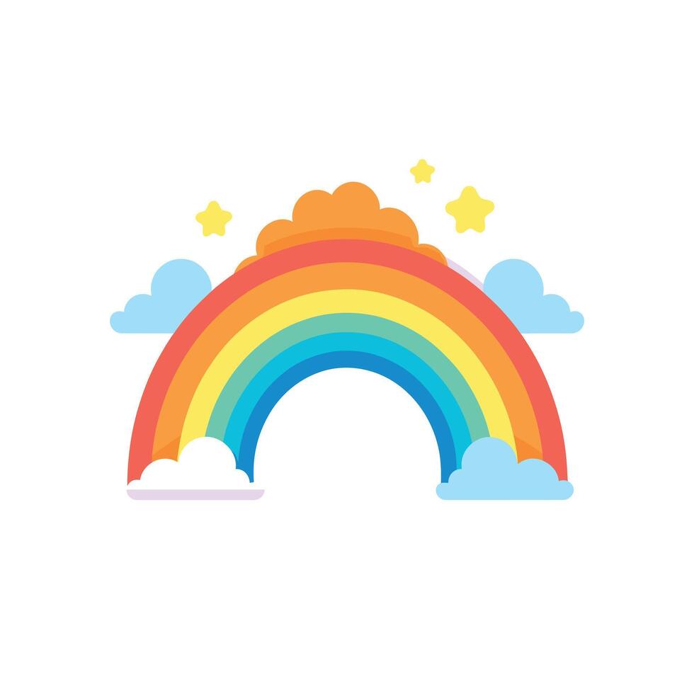 Bright rainbow arching over fluffy clouds with cheerful stars in the sky vector