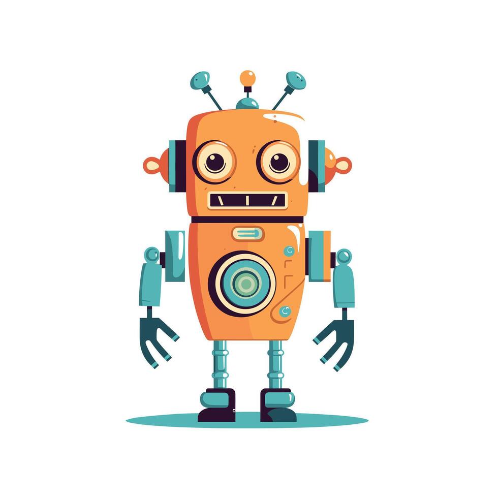 Colorful retro robot standing proudly with cheerful expression in a playful setting vector