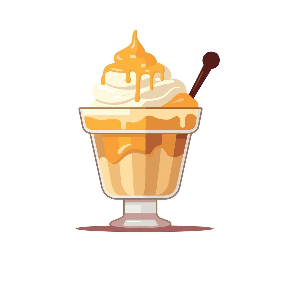 Delicious dessert sundae with caramel drizzle and whipped cream served in a glass vector