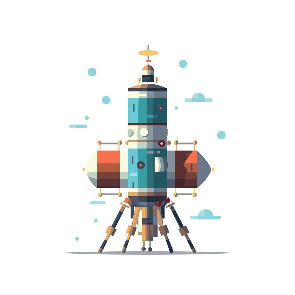 Spacecraft ready for launch at a futuristic spaceport with colorful design elements vector