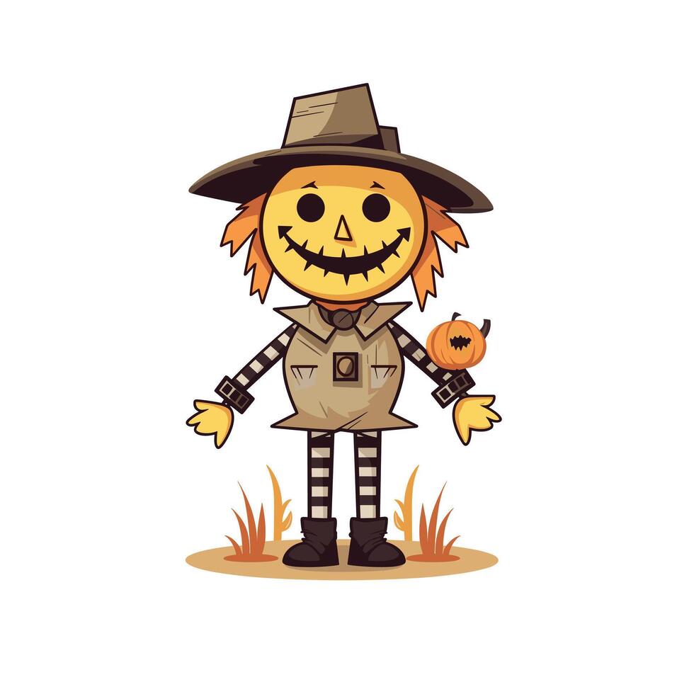 Scarecrow character holding a pumpkin in a fall-themed illustration for seasonal decor vector