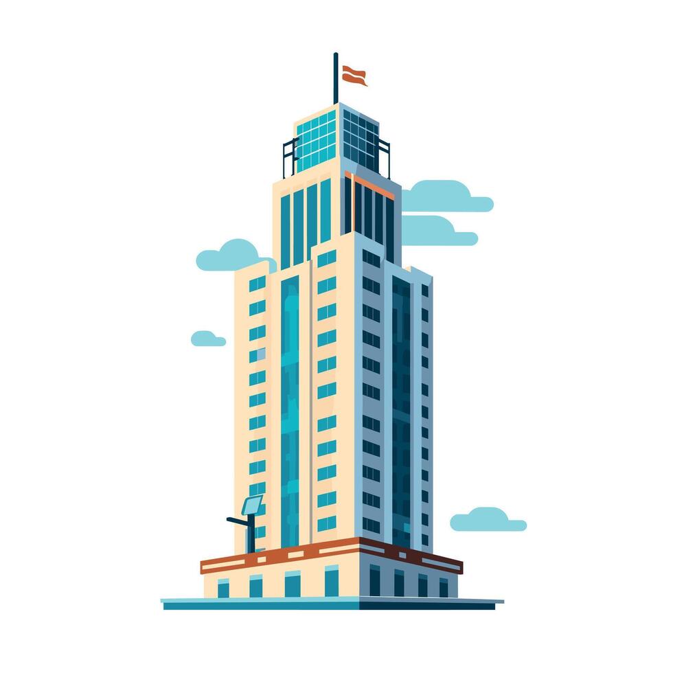 Modern skyscraper with flag in a clear sky showcasing urban architecture vector
