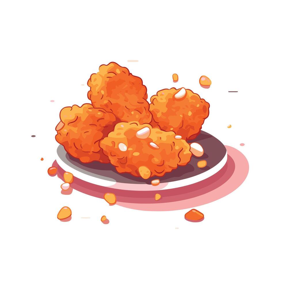Crispy orange chicken nuggets served on a white plate with scattered crumbs vector