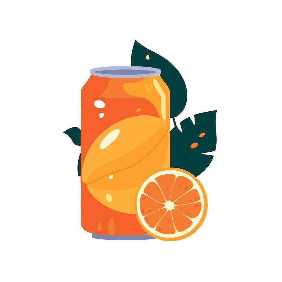 Bright orange soda can next to a fresh orange and leafy greens on a white background vector