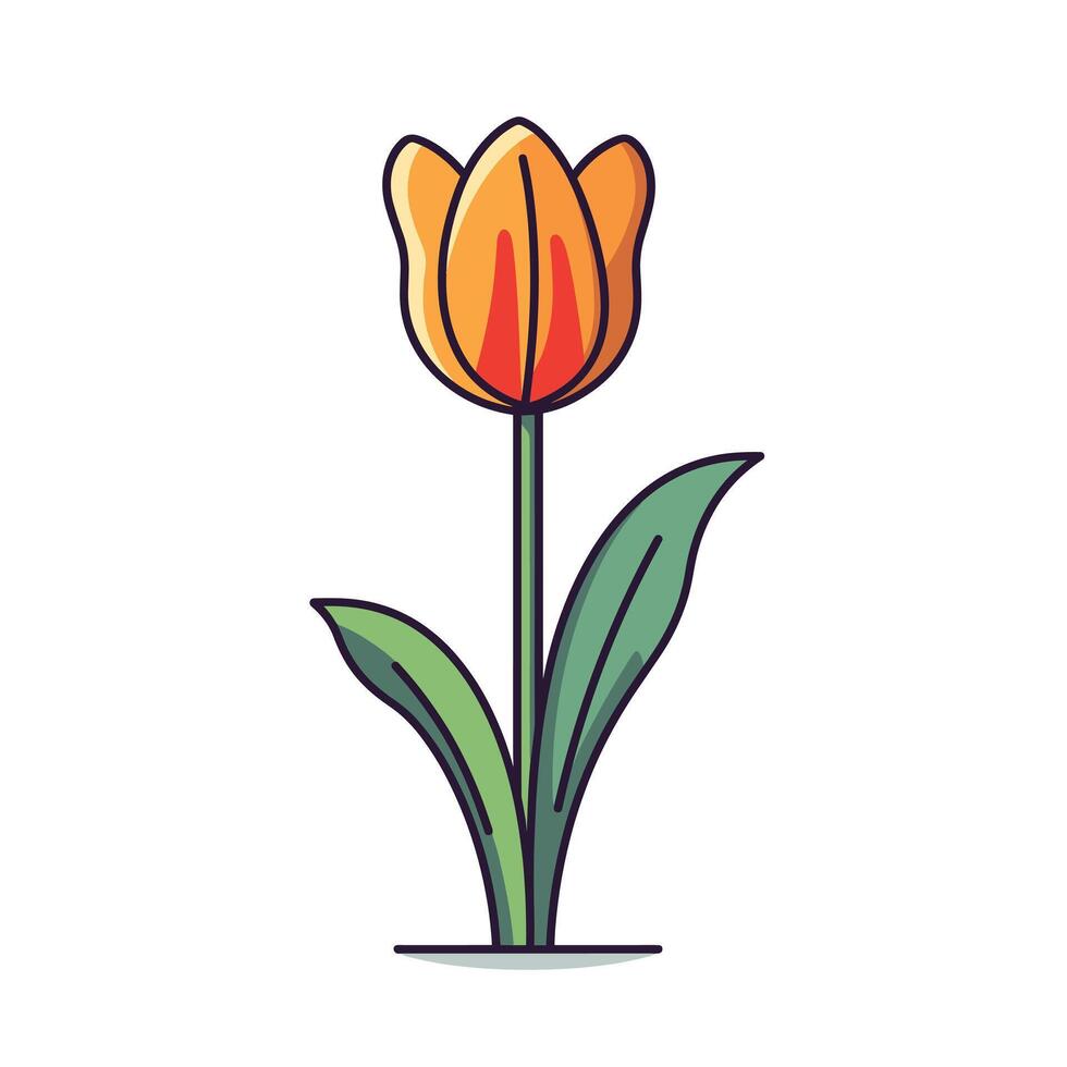 Bright orange tulip flower with green leaves in a simple design vector