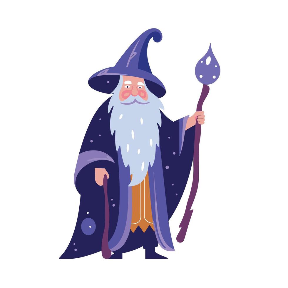 Wise wizard with a staff dressed in mystical attire against a magical backdrop vector