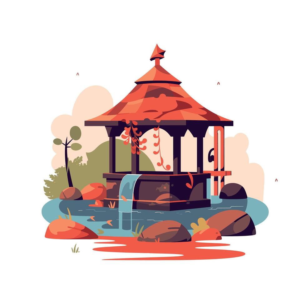 Beautiful gazebo surrounded by greenery and water in a serene landscape setting vector