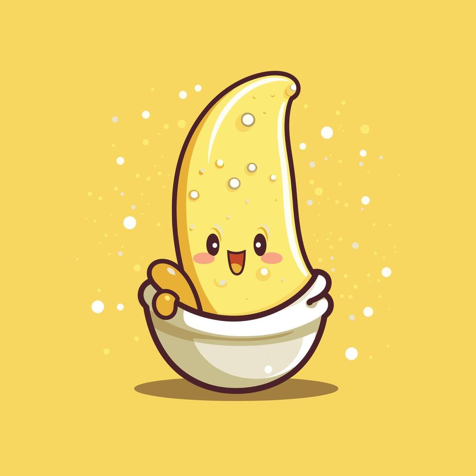 Cute cartoon banana character in a bowl on a bright yellow background vector