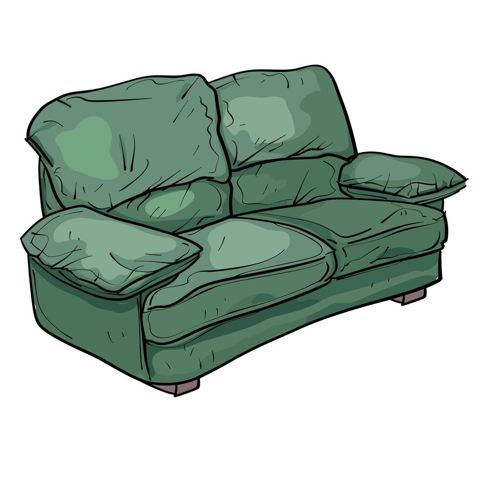 Cozy green couch with loose cushions in a casual living space for relaxation vector