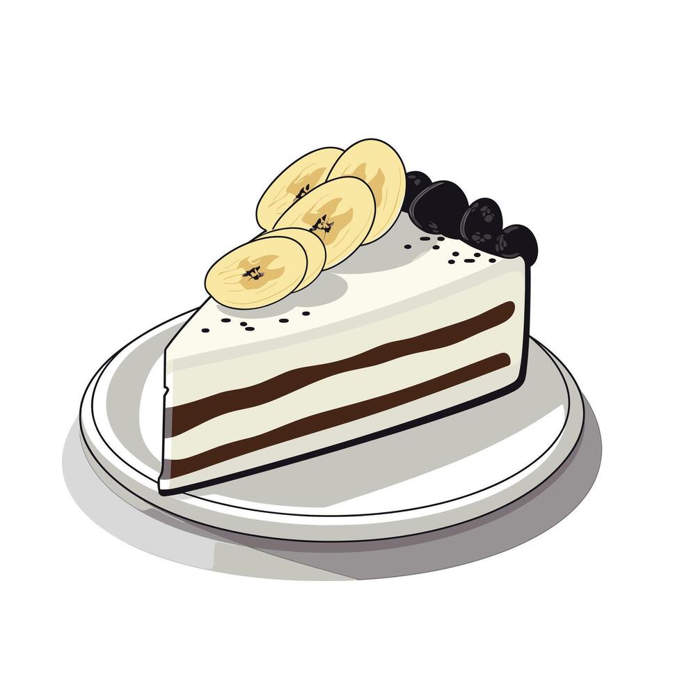 Delicious layered cake with banana slices and berries on a white plate vector