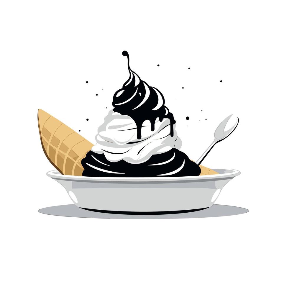 Delicious swirl of black and white soft serve ice cream in a bowl with a waffle cone vector