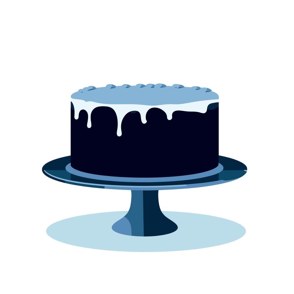 Elegant chocolate cake on a blue cake stand with white icing drips vector