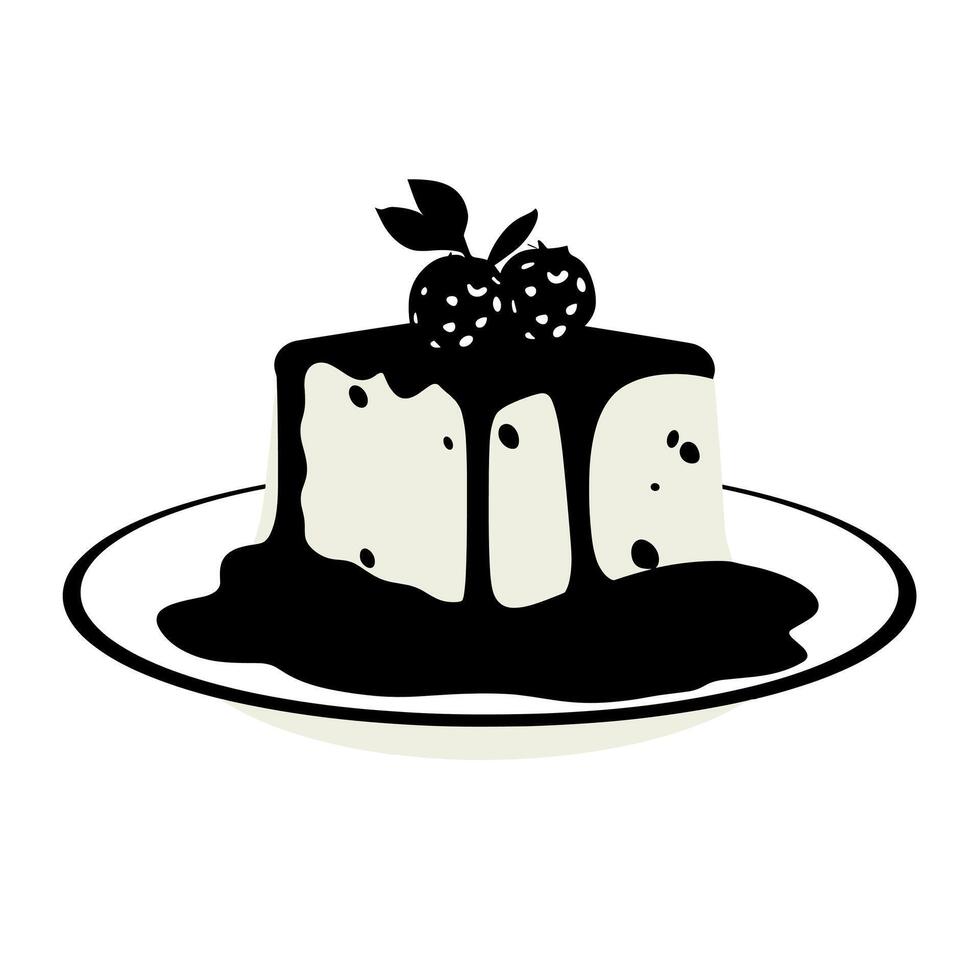Delicious dessert featuring cheesecake with chocolate sauce and strawberries on a plate vector