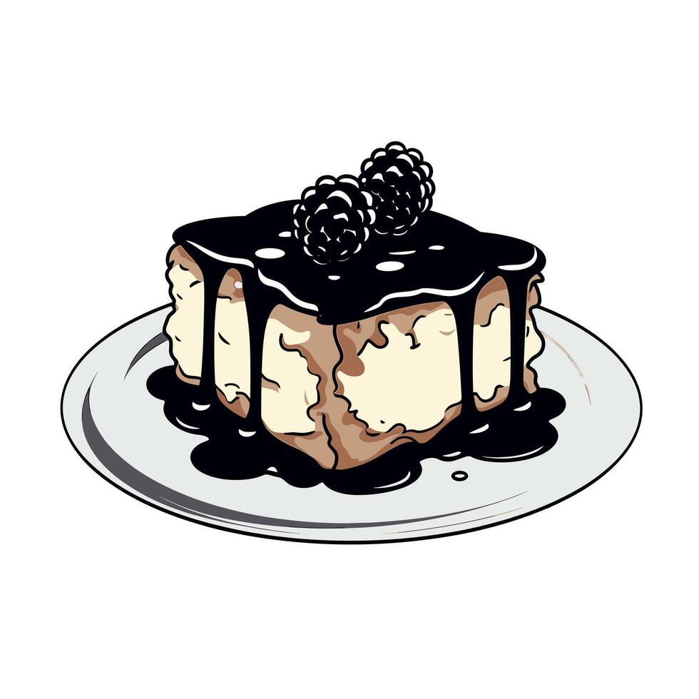 Delicious dessert featuring creamy cake topped with chocolate sauce and blackberries vector