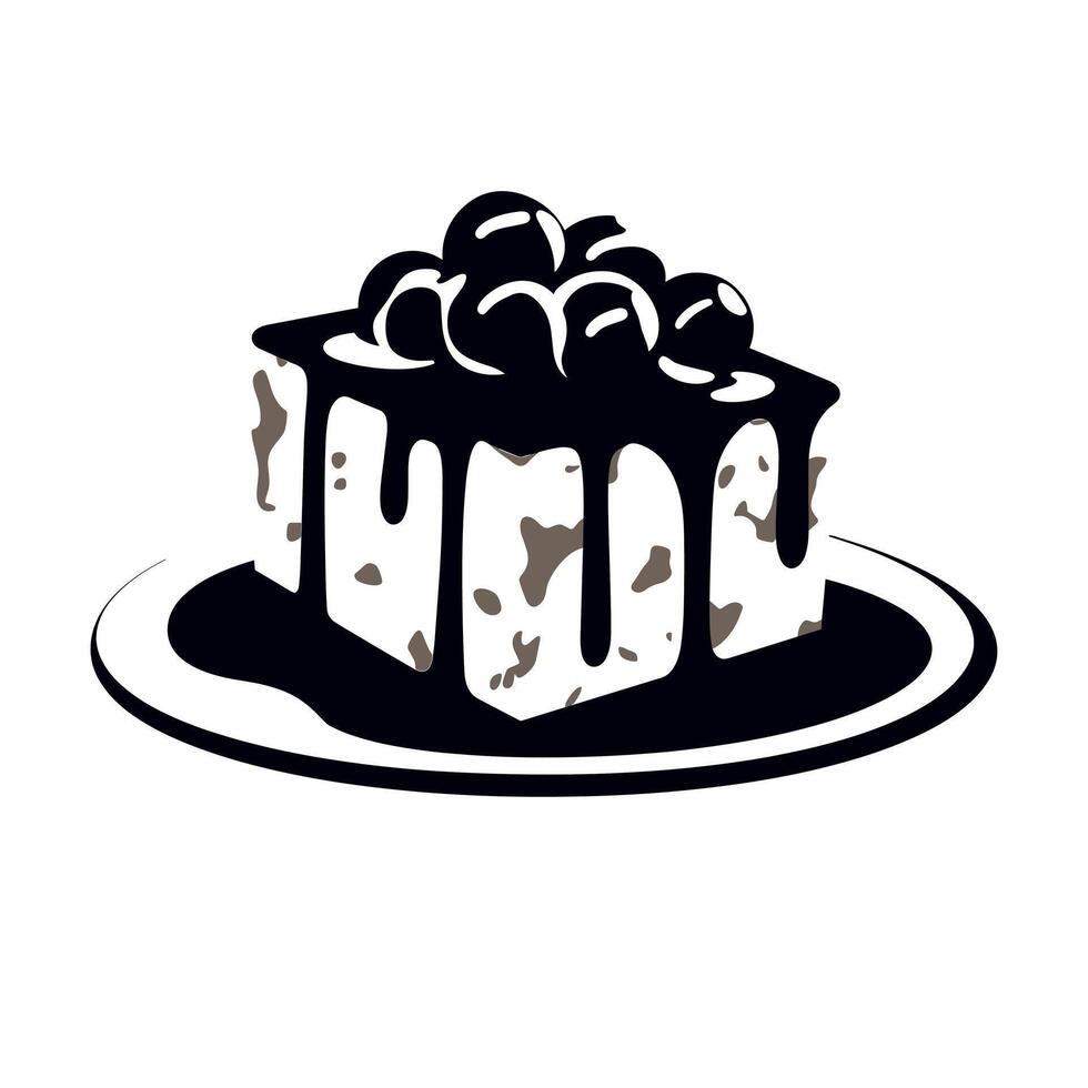 Delicious dessert featuring a creamy square topped with blueberries and chocolate sauce vector