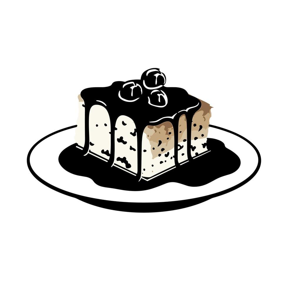 Delicious dessert with chocolate drizzle and berries on a plate vector