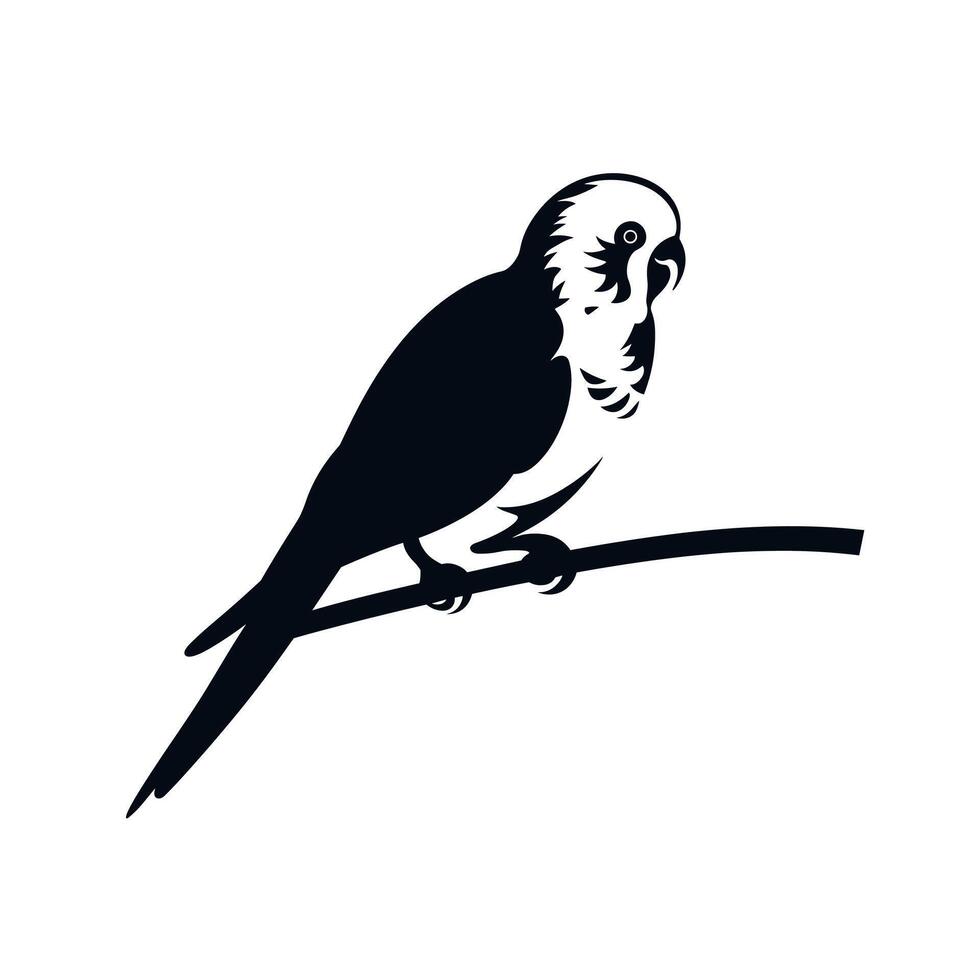 Detailed black silhouette of a parakeet perched on a branch with simple artistic design vector