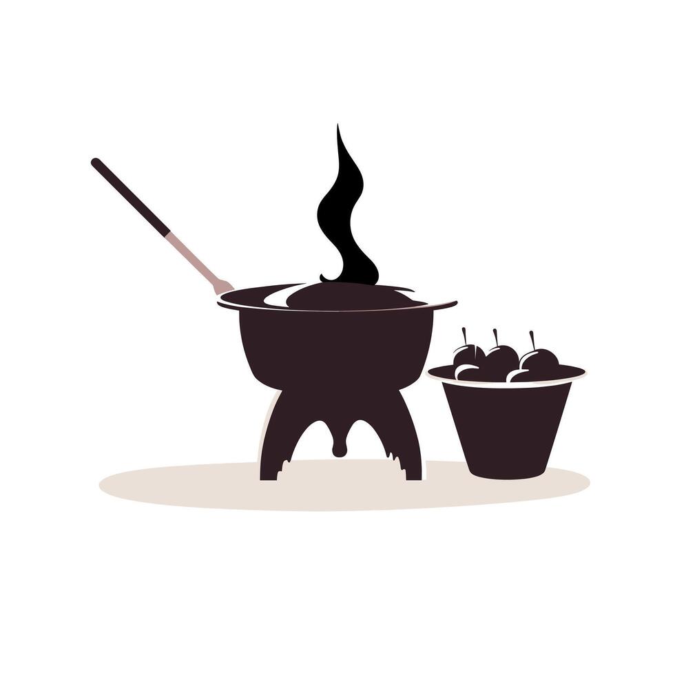 Delicious fondue pot with steam and a bowl of apples on a light background vector