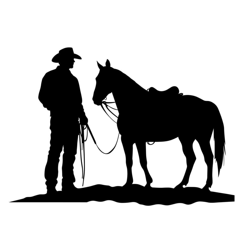 Silhouette of a cowboy standing next to a saddled horse at sunset in a rural area vector