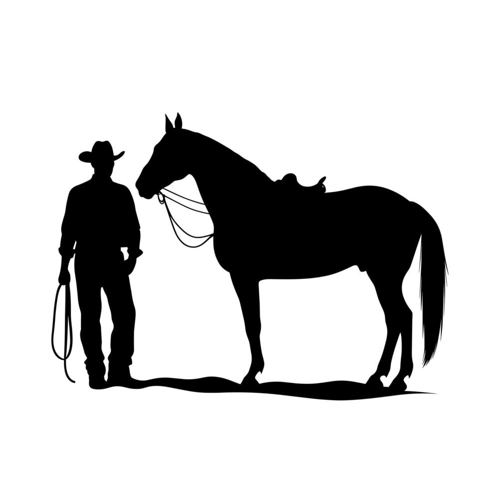 Cowboy stands beside horse at sunset ready for a ride in the countryside vector