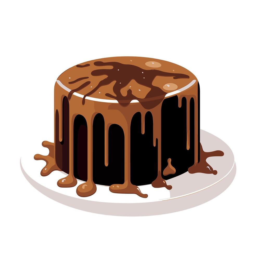 Delicious chocolate cake with dripping icing on a white plate vector